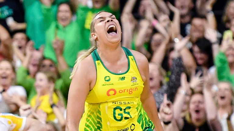 Donnell Wallam of the Australia Diamonds celebrates scoring the winning goal during the Netball International match between Australia and England on October 26, 2022 at Newcastle Entertainment Centre in Newcastle, Australia.