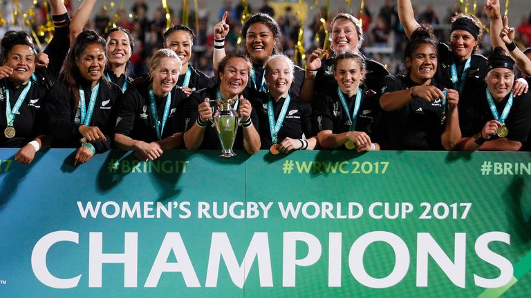 FILE - New Zealand celebrates after winning the Women's Rugby World Cup final in Belfast, Northern Ireland, Saturday, Aug. 26, 2017. New Zealand is host and defending champion but won...t start as favorite in the Women...s Rugby World Cup, which begins Saturday, Oct. 8, 2022,  with three consecutive matches at Auckland...s Eden Park stadium. (AP Photo/Peter Morrison, File)