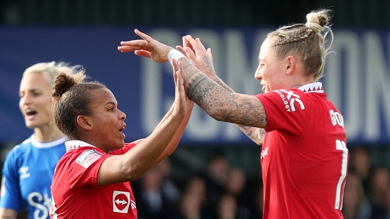 Nikita Parris and team-mate Leah Galton celebrate after the striker scored Man Utd&#39;s first goal of the game