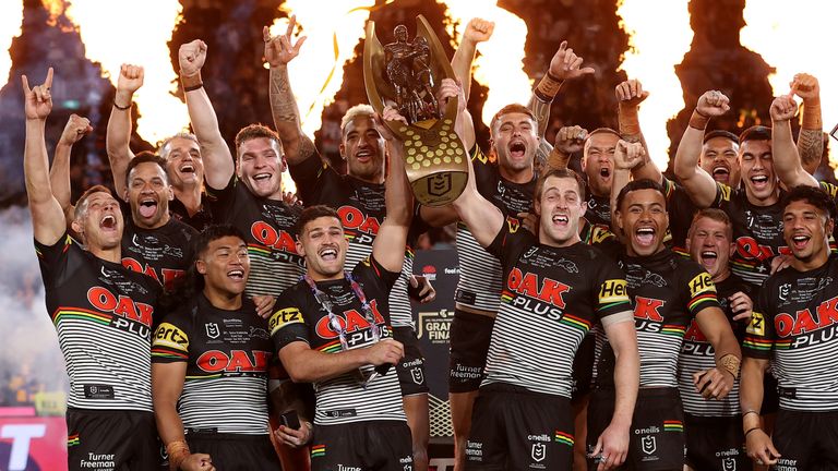 SYDNEY, AUSTRALIA - OCTOBER 02: is tackled during the 2022 NRL Grand Final match between the Penrith Panthers and the Parramatta Eels at Accor Stadium on October 02, 2022, in Sydney, Australia. (Photo by Cameron Spencer/Getty Images)