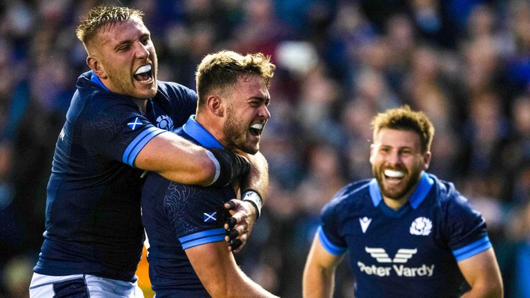 Ollie Smith celebrates his first half try with Matt Fagerson during the Autumn Nations Series match between Scotland and Australia