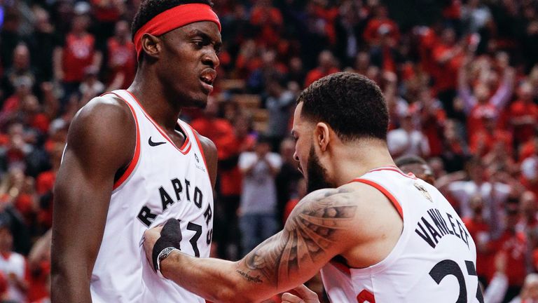 Toronto Raptors pair Pascal Siakam and Fred VanVleet react in the third quarter during Game 5 of the NBA Finals between the Golden State Warriors and the Toronto Raptors at Scotiabank Arena in 2019