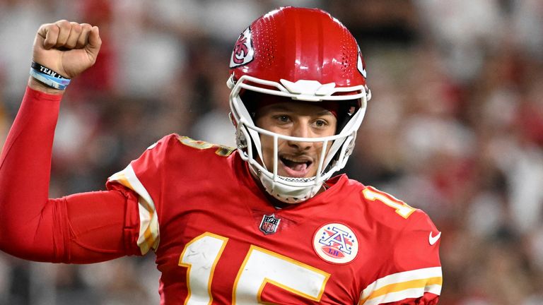 Kansas City Chiefs quarterback Patrick Mahomes (15) celebrates a touchdown during the first half of an NFL football game against the Tampa Bay Buccaneers Sunday, Oct. 2, 2022, in Tampa, Fla. (AP Photo/Jason Behnken)