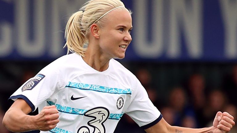Chelsea&#39;s Pernille Harder celebrates scoring their side&#39;s second goal of the game during the Barclays Women&#39;s Super League match at Walton Hall Park, Liverpool.