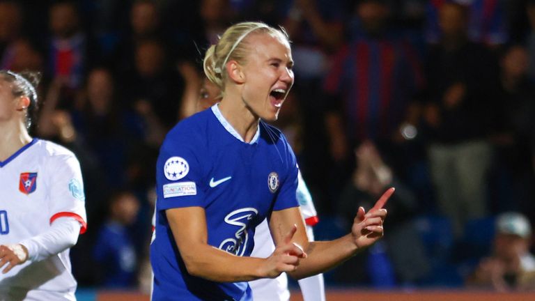 Pernille Harder celebrates scoring for Chelsea against Vllaznia Femra