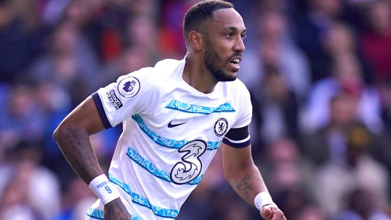 Chelsea's Pierre-Emerick Aubameyang (centre) celebrates scoring their side's first goal of the game during the Premier League match at Selhurst Park, London. Picture date: Saturday October 1, 2022.