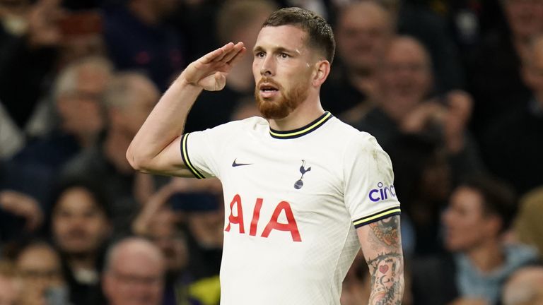 Pierre-Emile Hojbjerg celebrates his goal for Spurs vs Everton