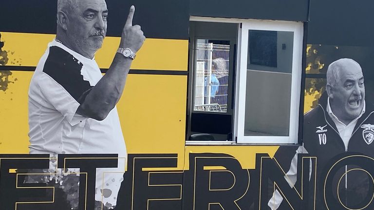 Portimonense's tribute to late coach Vitor Oliveira outside their stadium in Portimao