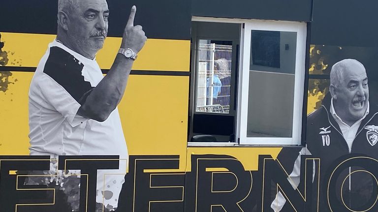 Portimonense&#39;s tribute to late coach Vitor Oliveira outside their stadium in Portimao