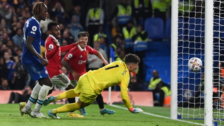 Casemiro's header crosses the line to give Manchester United a belated equalizer against Chelsea