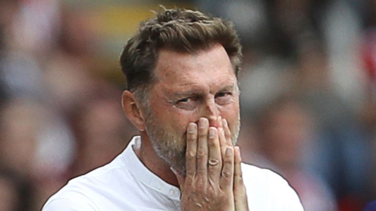 August 22, 2021, Southampton, United Kingdom: Southampton, England, 22nd August 2021. Ralph Hasenhuttl, Manager of Southampton reacts during the Premier League match at St Mary's Stadium, Southampton. Picture credit should read: Paul Terry / Sportimage(Credit Image: © Paul Terry/CSM via ZUMA Wire) (Cal Sport Media via AP Images)