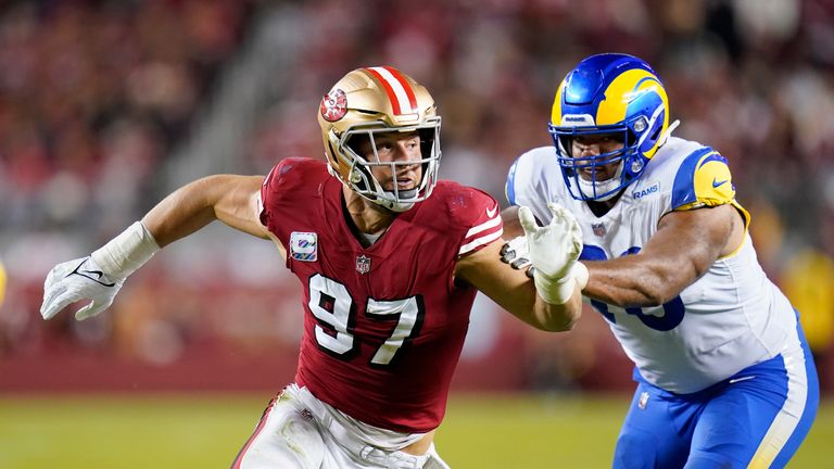 San Francisco 49ers defensive end Nick Bosa rushes against Los Angeles Rams offensive tackle Joe Noteboom during the second half of an NFL football game in Santa Clara, Calif., Monday, Oct. 3, 2022. 