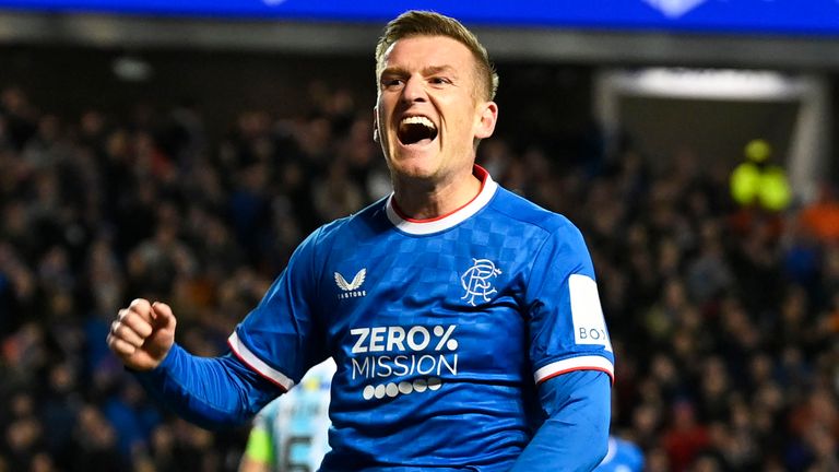 Rangers&#39; Steven Davis celebrates his goal to make it 1-0 during a Premier Sports Cup match between Rangers and Dundee at Ibrox Stadium