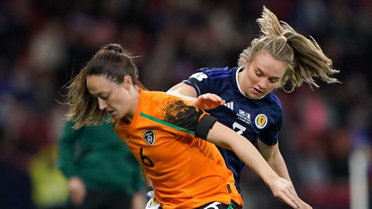 Republic of Ireland's Megan Campbell and Scotland's Fiona Brown battle for the ball 