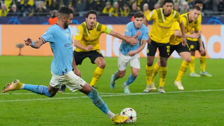Manchester City's Riyad Mahrez misses a penalty vs Dortmund