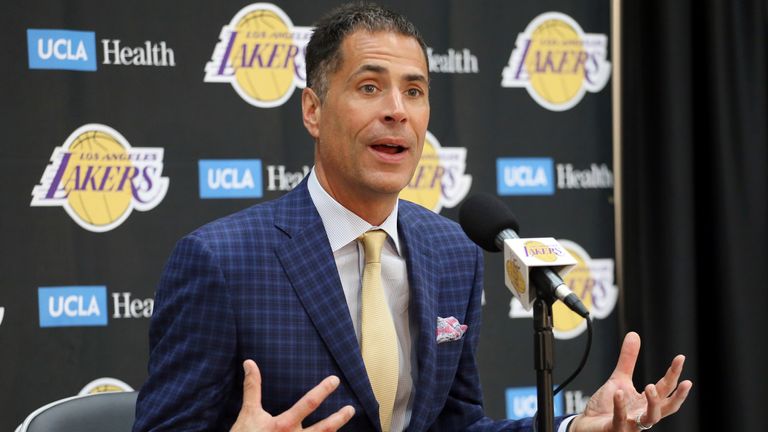 Los Angeles Lakers general manager Rob Pelinka talks about the acquisition of LeBron James and other free agents at a news conference at the basketball team&#39;s headquarters in El Segundo, Calif., Wednesday, July 11, 2018. (AP Photo/Reed Saxon)