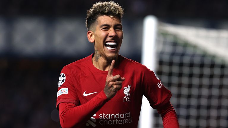 Roberto Firmino celebrates scoring his second goal for Liverpool in the Champions League game against Rangers at Ibrox