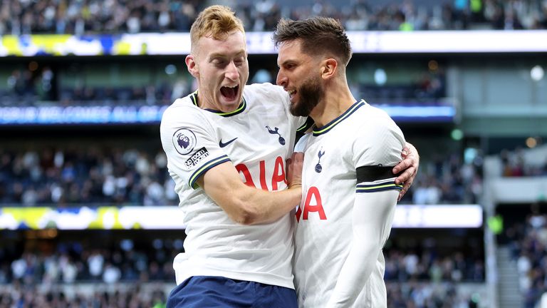 Rodrigo Bentancur celebrates with Dejan Kulusevski after scoring against Leicester