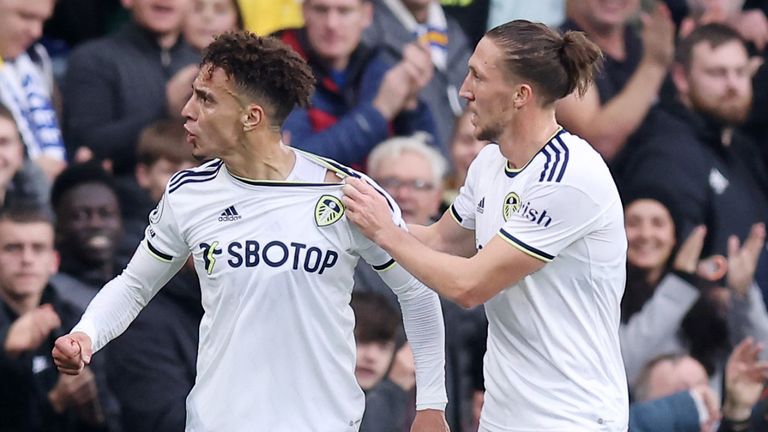 Rodrigo celebrates after opening the scoring for Leeds against Fulham