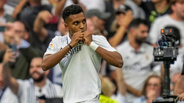 Real Madrid&#39;s Rodrygo celebrates after scoring a penalty