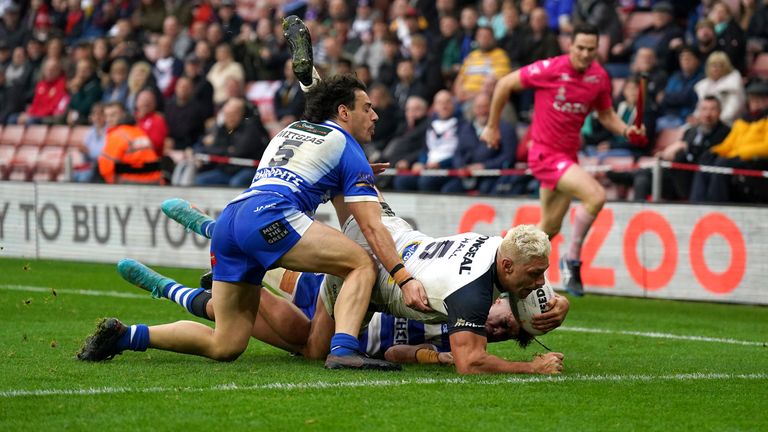 England v Greece - Rugby League World Cup - Group A - Bramall Lane
England's Ryan Hall scores their side's fourth try of the game during the Rugby League World Cup group A match at Bramall Lane, Sheffield. Picture date: Saturday October 29, 2022.