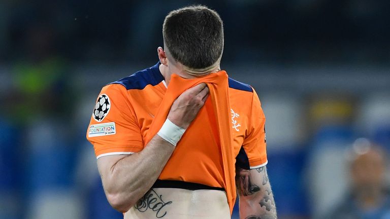 Rangers&#39; Ryan Kent looks dejected during the Napoli game