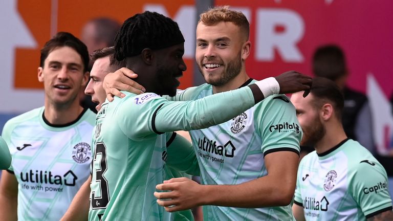 Hibs' Ryan Porteous celebrates with Elie Youan