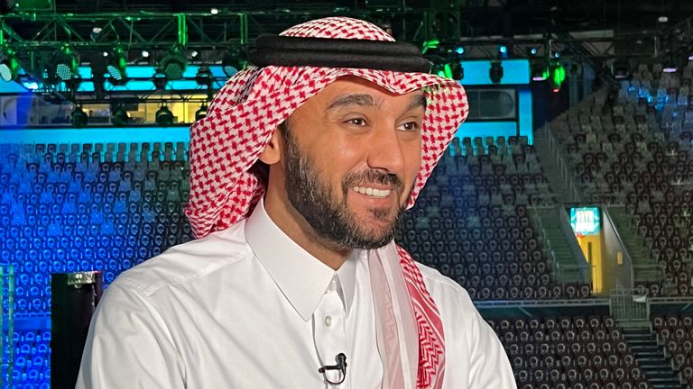 Prince Abdulaziz bin Turki al-Faisal, Saudi Arabia's Sports Minister, gives an interview in the Red Sea coastal city of Jeddah on August 19, 2022, a day ahead of the "Rage on the Red Sea" fight between British heavyweight boxer Anthony Joshua and the defending Ukrainian cruiserweight world champion Oleksandr Usyk. (Photo by Rania SANJAR / AFP) (Photo by RANIA SANJAR/AFP via Getty Images)