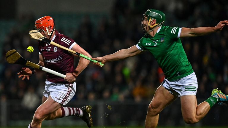 12 February 2022; Conor Whelan of Galway in action against Sean Finn of Limerick during the Allianz Hurling League Division 1 Group A match between Limerick and Galway at TUS Gaelic Grounds in Limerick. Photo by E..in Noonan/Sportsfile