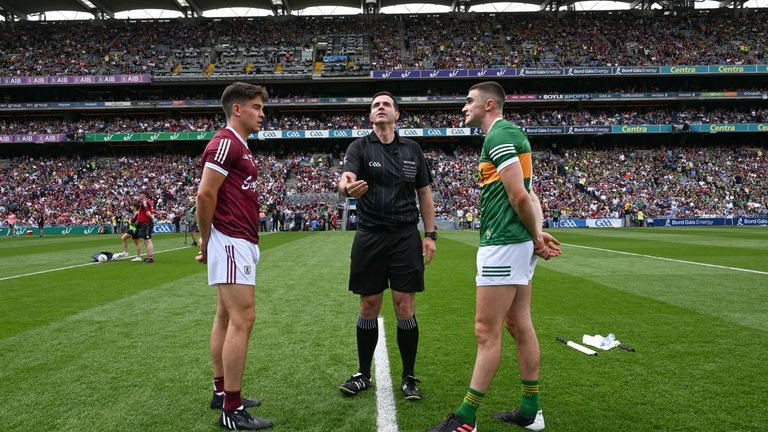 24 July 2022; Referee Sean Hurson tosses a coin between the two captains, Se..n Kelly of Galway, and Seán O'Shea of Kerry, before the GAA Football All-Ireland Senior Championship Final match between Kerry and Galway at Croke Park in Dublin. Photo by Ray McManus/Sportsfile