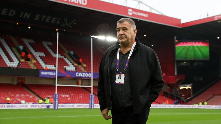 England v Greece: Rugby League World Cup
SHEFFIELD, ENGLAND - OCTOBER 29: Shaun Wane, Head Coach of England looks on ahead of the Rugby League World Cup 2021 Pool A match between England and Greece at Bramall Lane on October 29, 2022 in Sheffield, England. (Photo by Alex Livesey/Getty Images for RLWC)