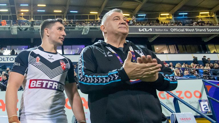 Picture by Allan McKenzie/SWpix.com - 22/10/2022 - Rugby League - Rugby League World Cup 2021 - England v France - University of Bolton Stadium, Bolton, England - England's CHris Hill & Victor Radley with coach Shaun Wane as time expires.