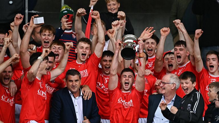 2 October 2022; Jason Sampson of Shinrone lifts the Sean Robbins Cup  after his side's victory in  the Offaly County Senior Hurling Championship Final match between Kilcormac-Killoughey and Shinrone at O'Connor Park in Tullamore, Offaly. Photo by Sam Barnes/Sportsfile