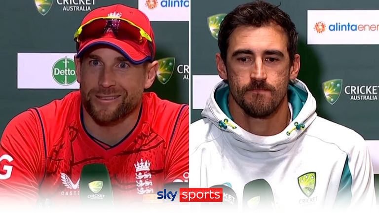 England's Dawid Malan and Australia's Mitchell Starc speak following the second T20i in Canberra