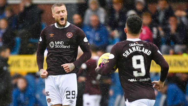 Stephen Humphrys halved the deficit for Hearts at Rugby Park