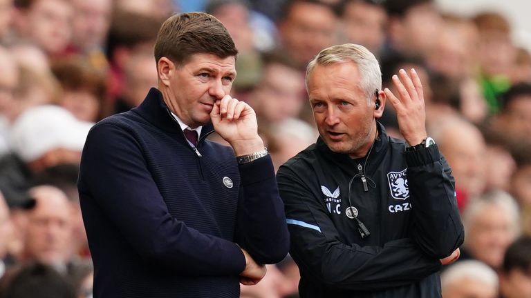 Steven Gerrard speaks to Assistant Head Coach Neil Critchley