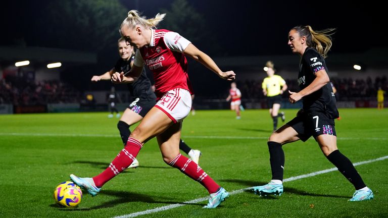Arsenal&#39;s Stina Blackstenius in action during the Barclays Women&#39;s Super League match at LV Bet Stadium Meadow Park