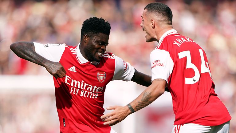 Thomas Partey celebrates his opener with Granit Xhaka