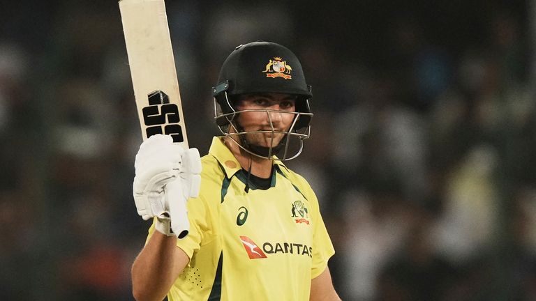 Australia's Tim David celebrates scoring fifty runs during the third T20 cricket match between India and Australia, in Hyderabad, India, Sunday, Sept. 25, 2022. (AP Photo/Mahesh Kumar A)