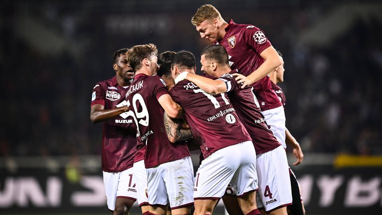 Torino's player celebrate after scoring during the Serie A soccer match between Torino and AC Milan at the Turin Olympic stadium, Italy, Sunday, Oct. 30, 2022. (Fabio Ferrari/LaPresse via AP)
