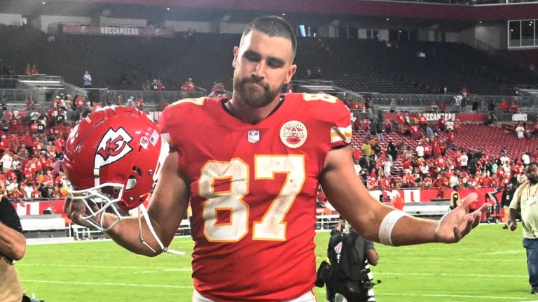 Kansas City Chiefs tight end Travis Kelce (87) celebrates after an NFL football game against the Tampa Bay Buccaneers Sunday, Oct. 2, 2022, in Tampa, Fla. The Chiefs won 41-31. (AP Photo/Jason Behnken)