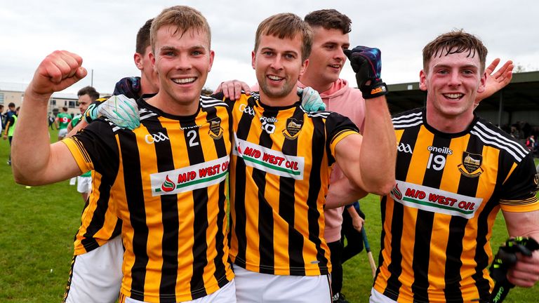 2 October 2022; Upperchurch-Drombane players Ger Grant, left, Padraig Greene and Conor Fahey celebrate after their side's victory in the Tipperary County Senior Football Championship Semi-Final match between Loughmore-Castleiney and Upperchurch-Drombane at Golden Kilfeacle GAA Club in Tipperary. Photo by Michael P Ryan/Sportsfile