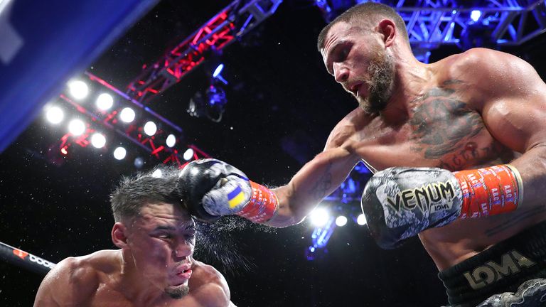 NEW YORK, NEW YORK - OCTOBER 29: Jamaine Ortiz (L) and Vasiliy Lomachenko (R) exchange punches during their lightweight fight at The Hulu Theater at Madison Square Garden on October 29, 2022 in New York City. (Photo by Mikey Williams/Top Rank Inc via Getty Images)