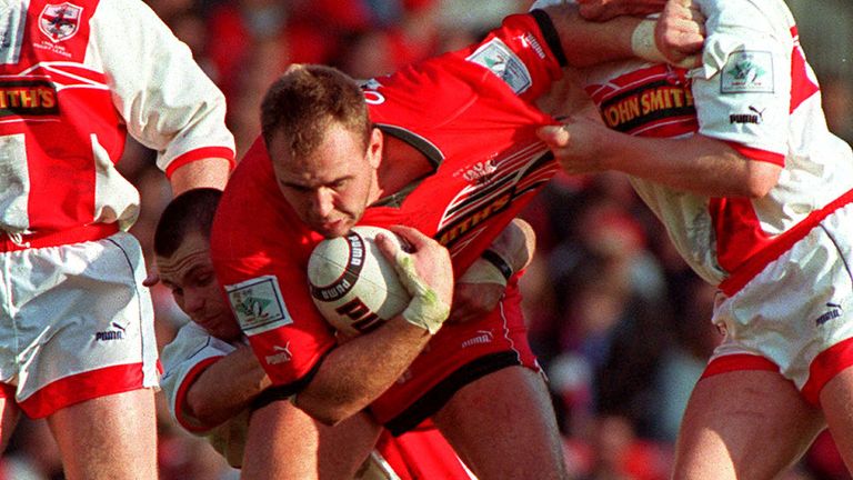 Rugby League - England v Wales 1995
England captain Dennis Betts puts his grip on the World Cup semi-final against Wales at Old Trafford today. Photo by John Giles.