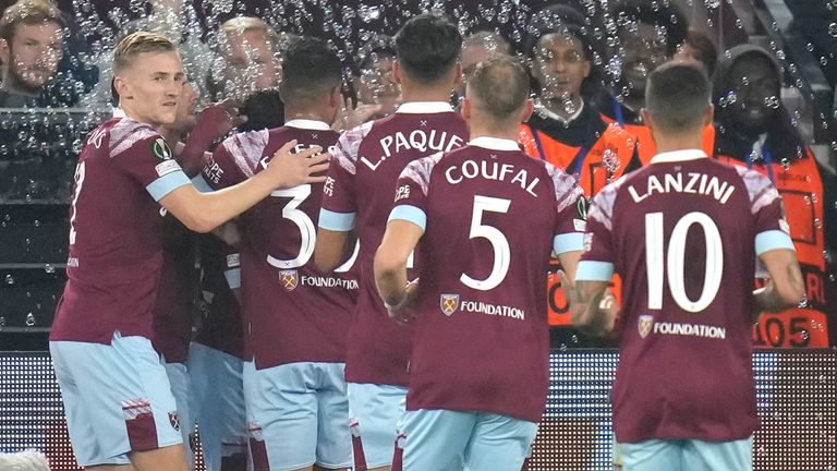 West Ham players celebrate their first goal scored by West Ham's Said Benrahma during the Europa Conference League Group B match between West Ham United and Anderlecht