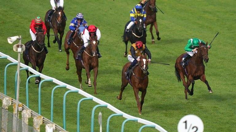 David Probert riding Wisper (front centre, red and black cap) on their way to winning at Brighton