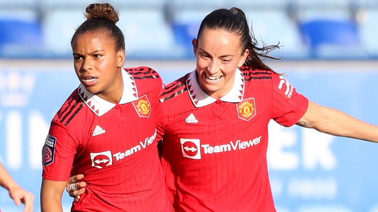 Nikita Parris celebrates after scoring Manchester United&#39;s opener against Leicester