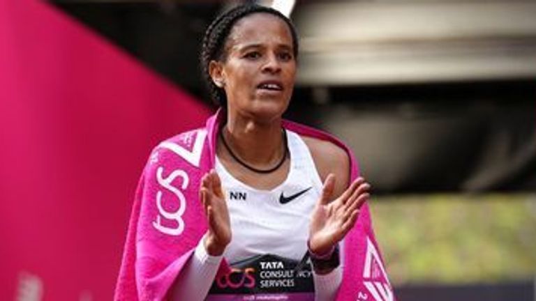 Ethiopia's Yalemzerf Yehualaw reacts after winning the Women's Elite Race during the TCS London Marathon. Picture date: Sunday October 2, 2022.