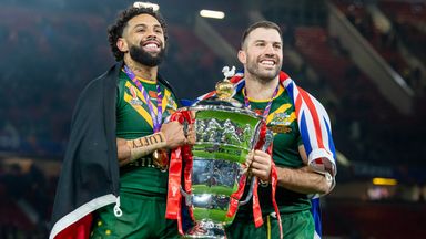 Australia's Josh Addo-Carr and James Tedesco celebrate after securing the World Cup