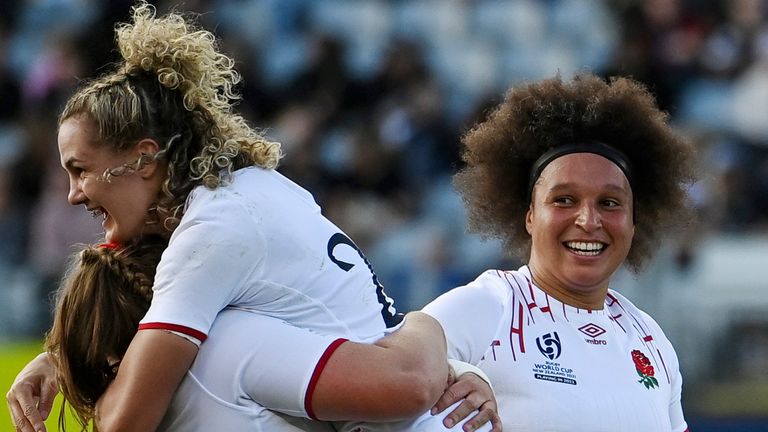 England celebrate reaching Women&#39;s Rugby World Cup final